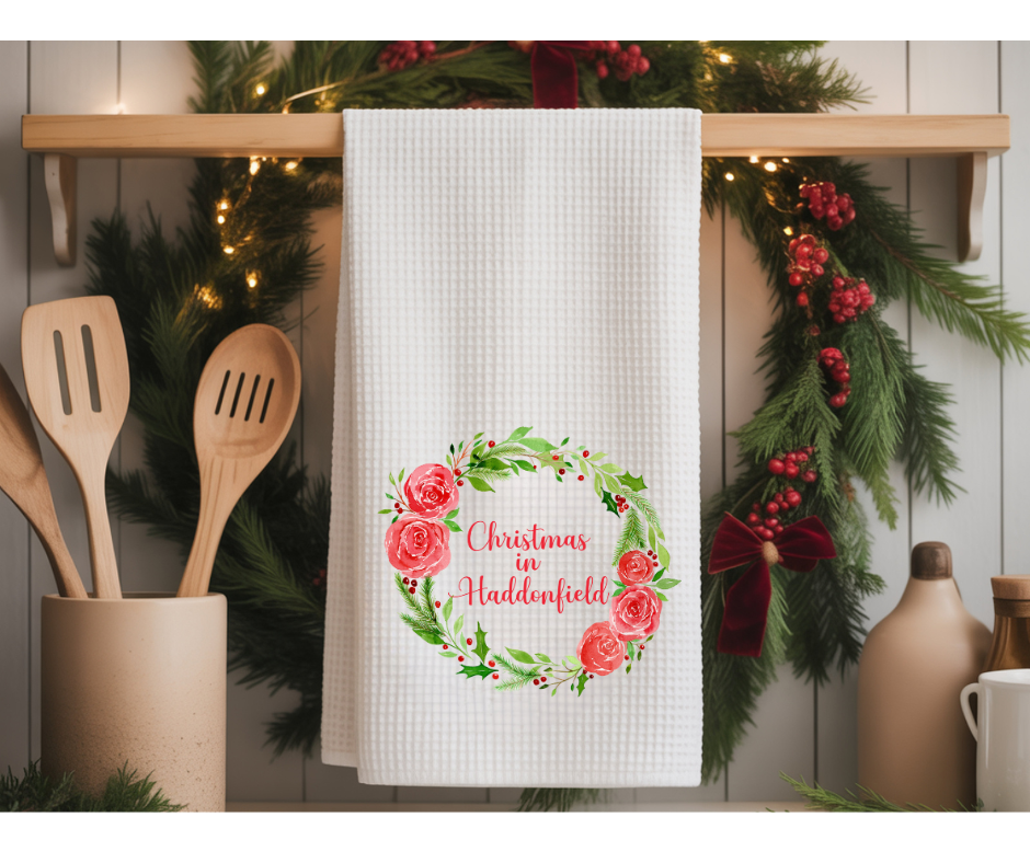 Personalized Watercolor Christmas Wreath with Your Town