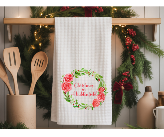 Personalized Watercolor Christmas Wreath with Your Town